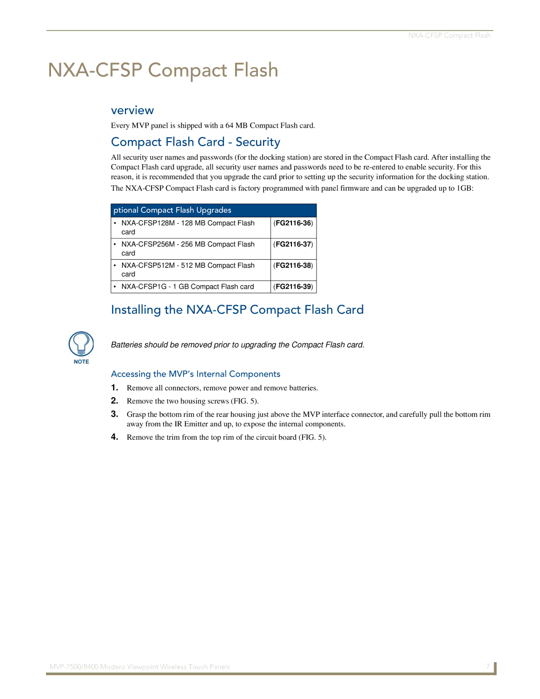 AMX MVP-7500/8400 manual Compact Flash Card Security, Installing the NXA-CFSP Compact Flash Card 