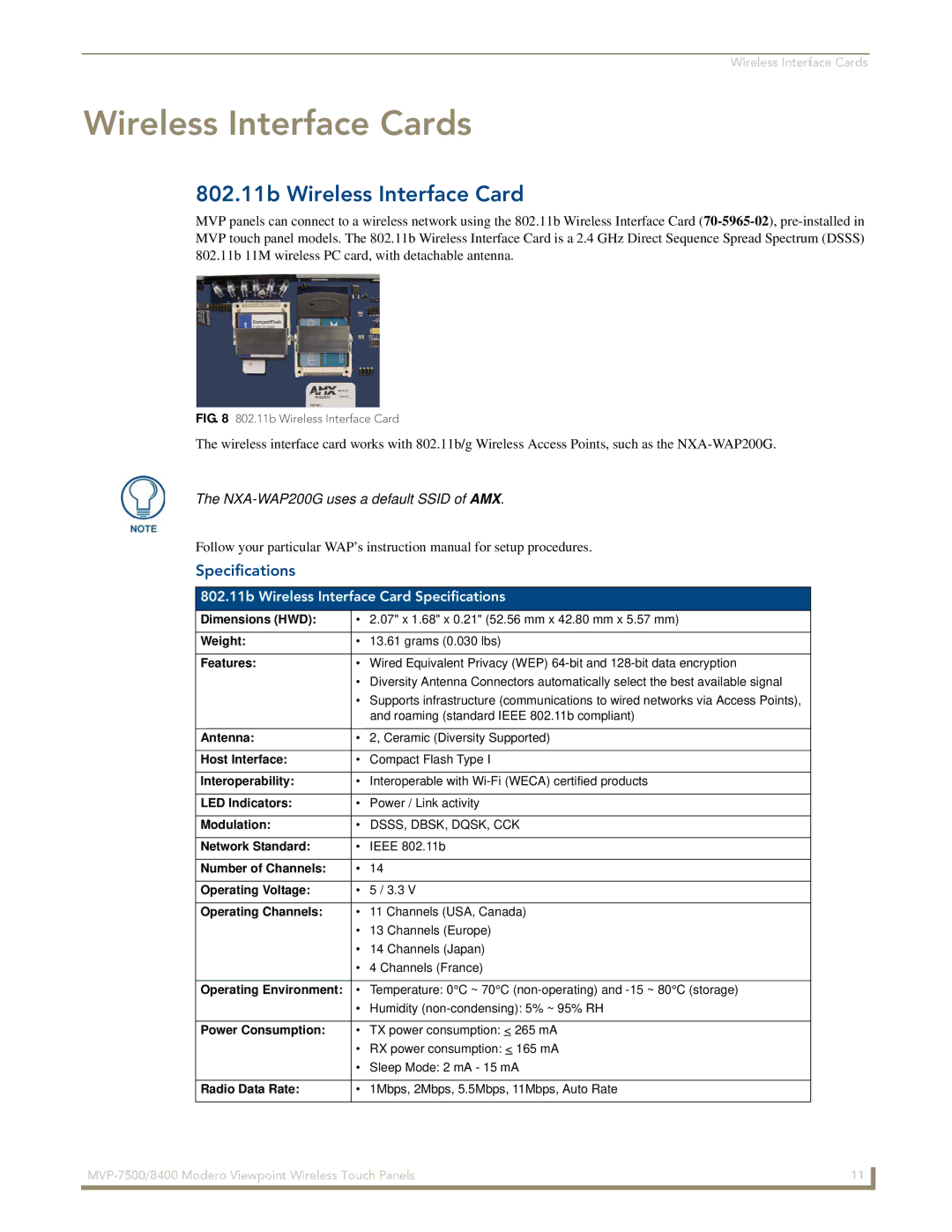 AMX MVP-7500/8400 manual Wireless Interface Cards, 802.11b Wireless Interface Card, Specifications 