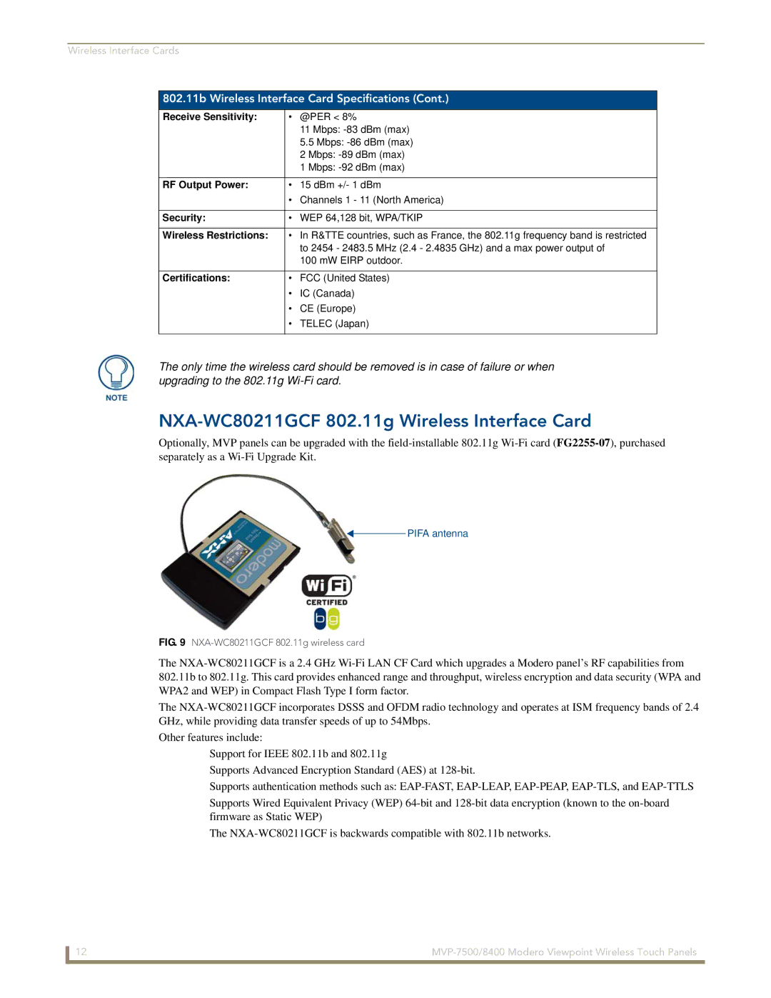 AMX MVP-7500/8400 manual NXA-WC80211GCF 802.11g Wireless Interface Card, Receive Sensitivity, RF Output Power, Security 