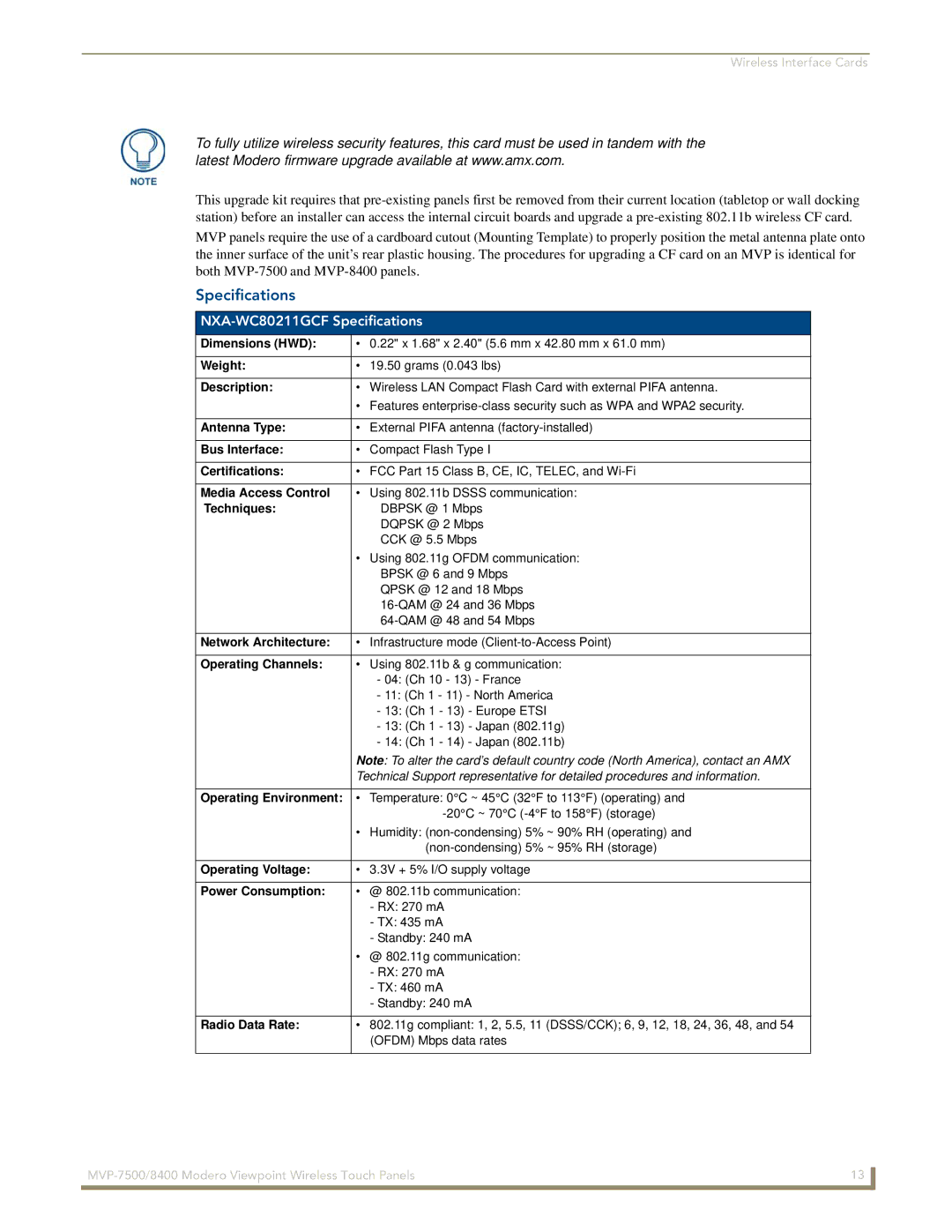 AMX MVP-7500/8400 manual NXA-WC80211GCF Specifications 