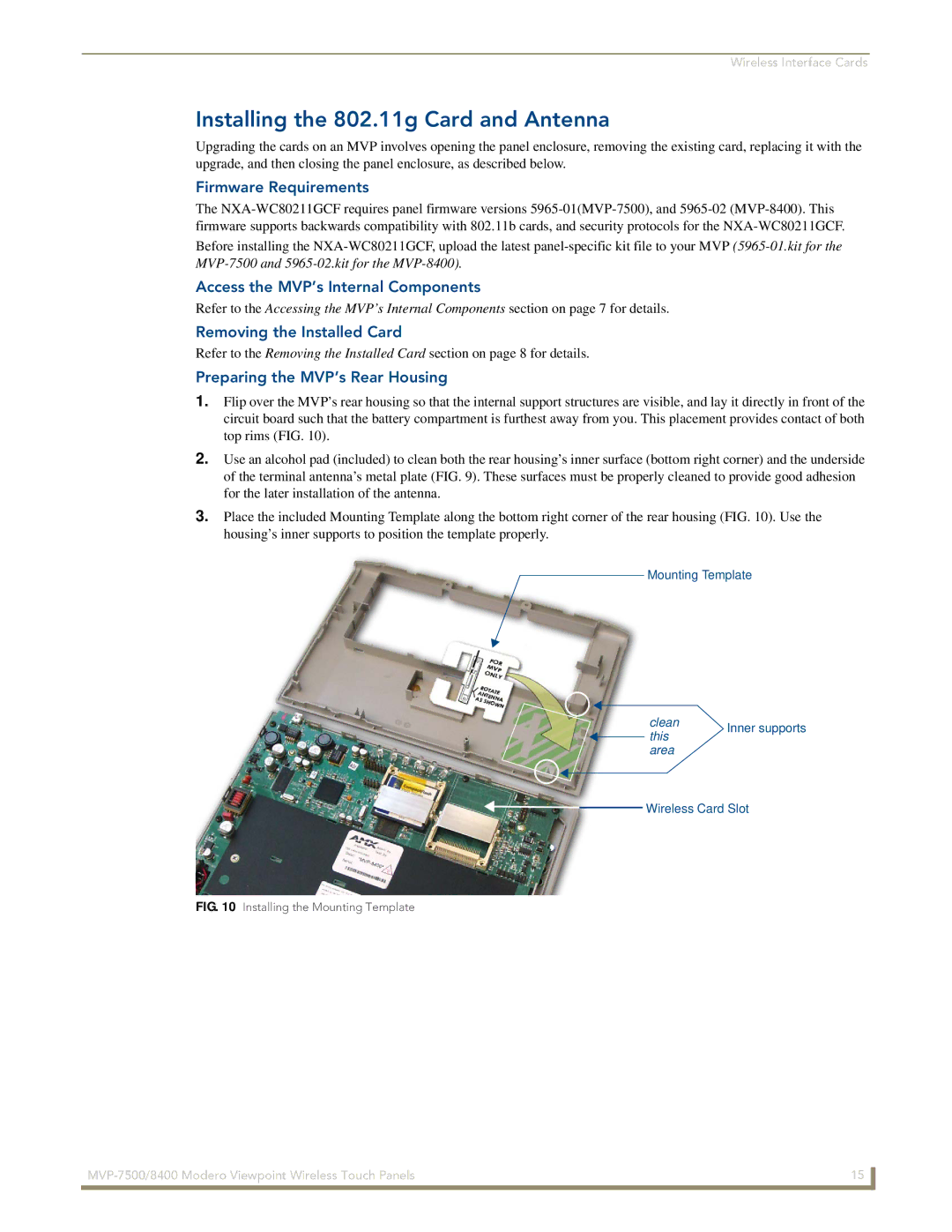 AMX MVP-7500/8400 Installing the 802.11g Card and Antenna, Firmware Requirements, Access the MVP’s Internal Components 