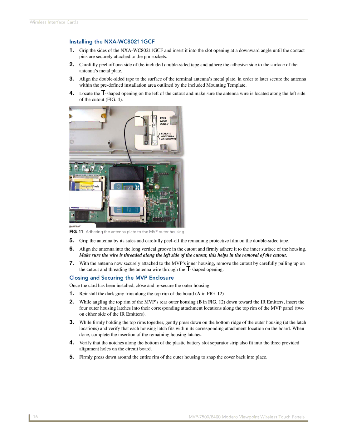 AMX MVP-7500/8400 manual Installing the NXA-WC80211GCF, Closing and Securing the MVP Enclosure 