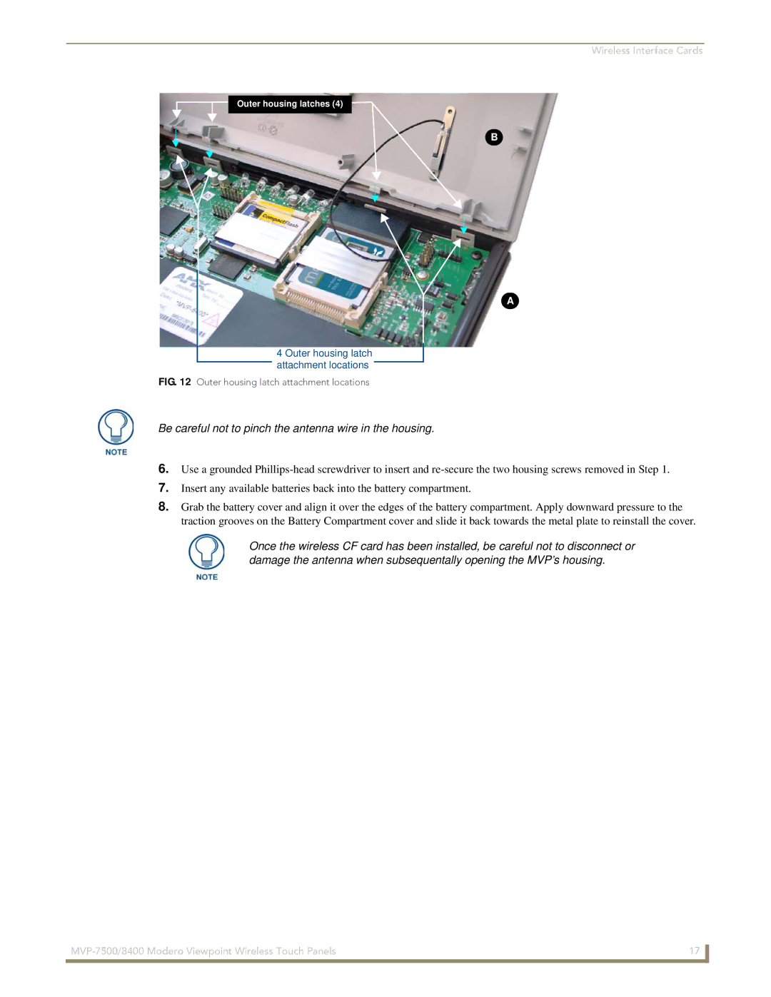 AMX MVP-7500/8400 manual Be careful not to pinch the antenna wire in the housing 