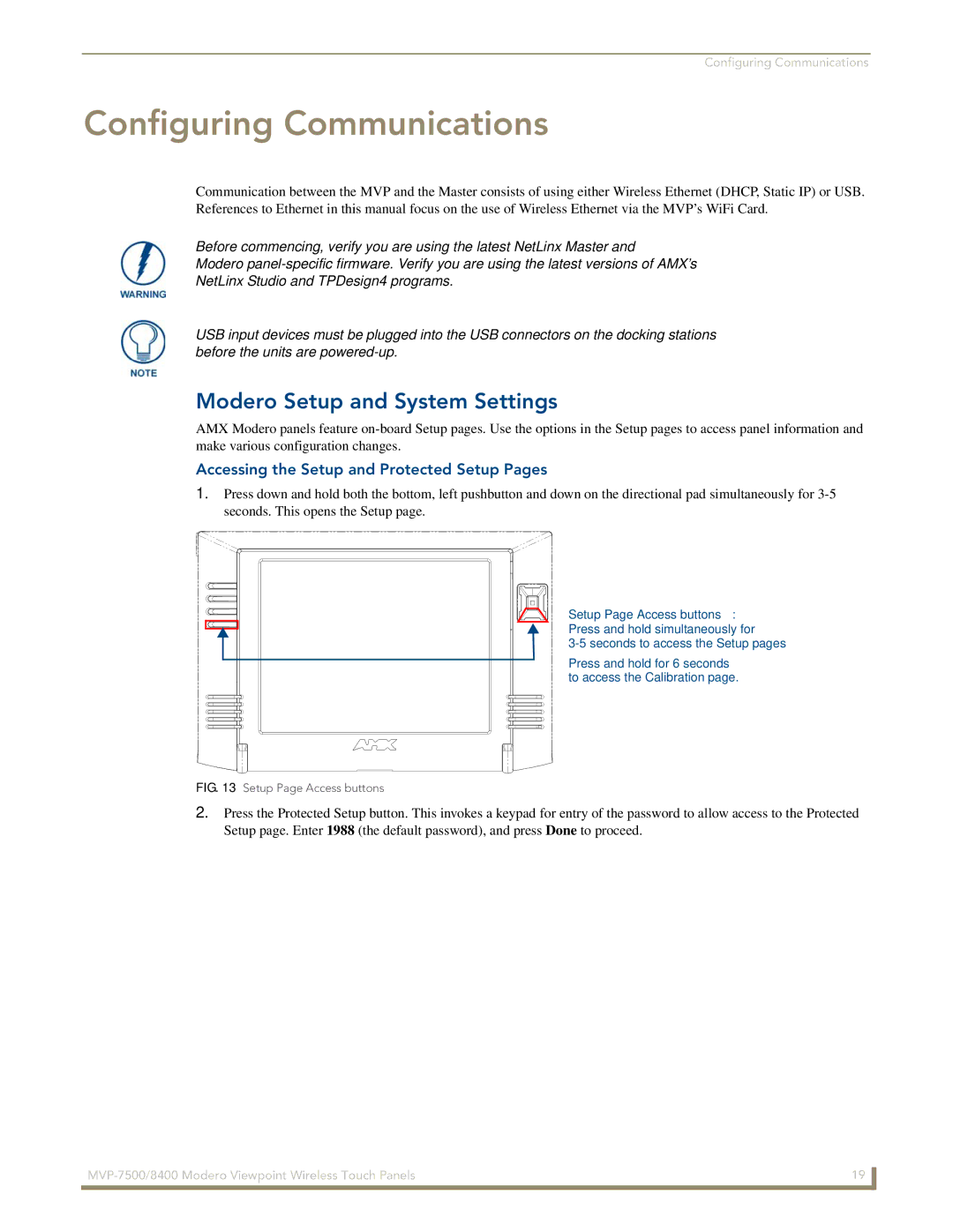 AMX MVP-7500/8400 manual Configuring Communications, Modero Setup and System Settings 