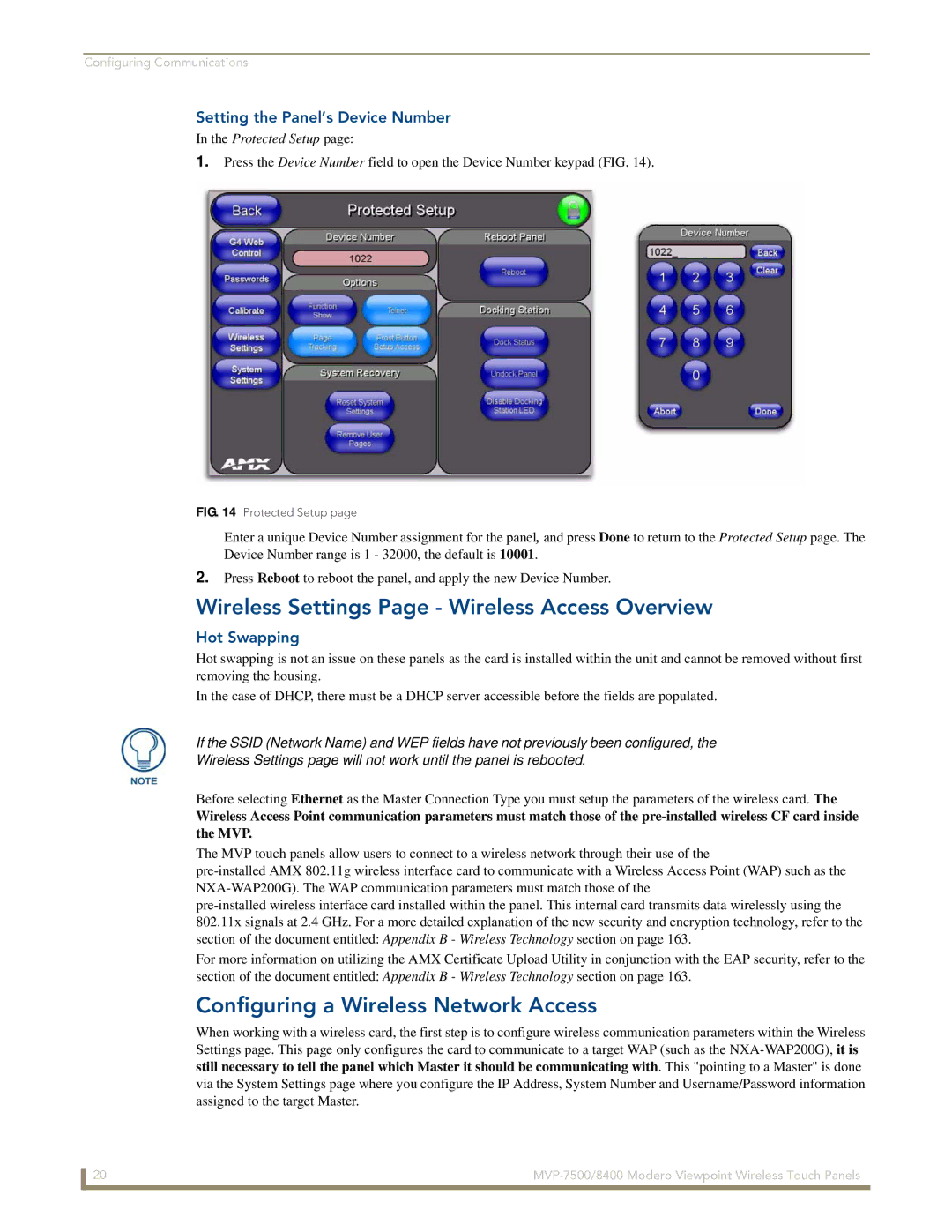 AMX MVP-7500/8400 Wireless Settings Page Wireless Access Overview, Configuring a Wireless Network Access, Hot Swapping 