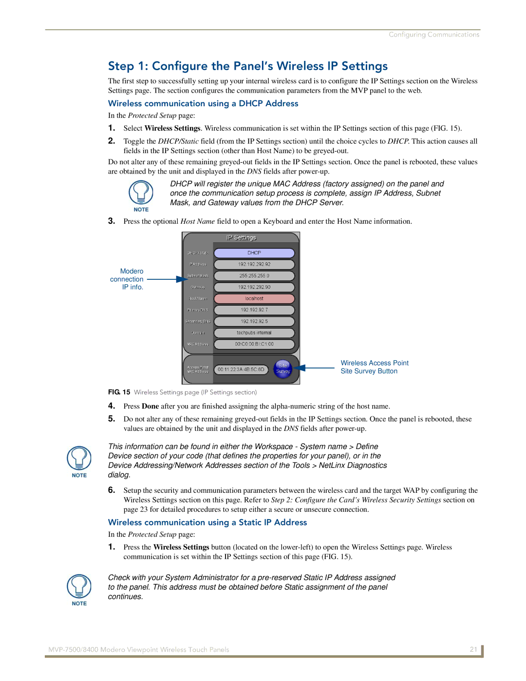 AMX MVP-7500/8400 manual Configure the Panel’s Wireless IP Settings, Wireless communication using a Dhcp Address 