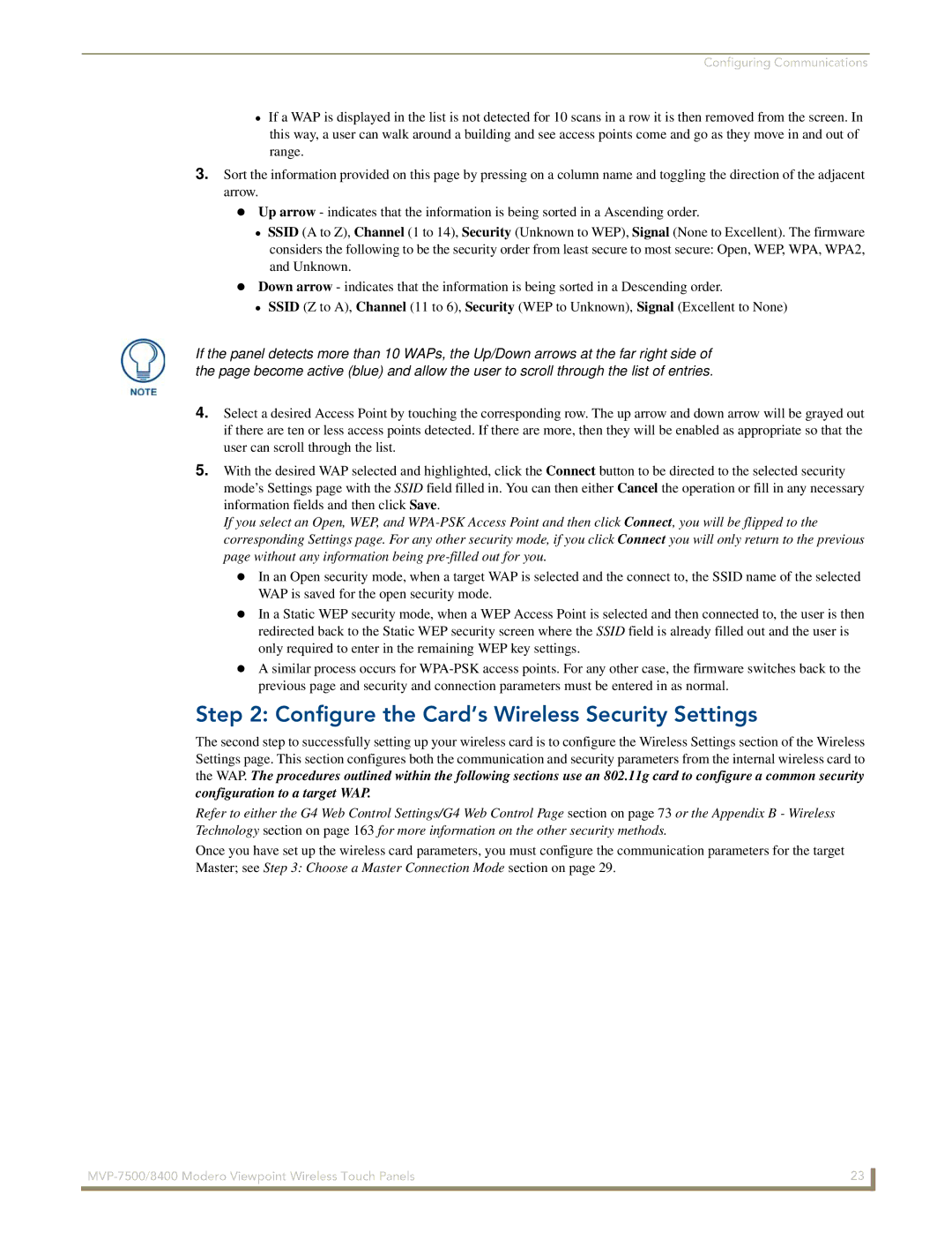 AMX MVP-7500/8400 manual Configure the Card’s Wireless Security Settings, Configuration to a target WAP 