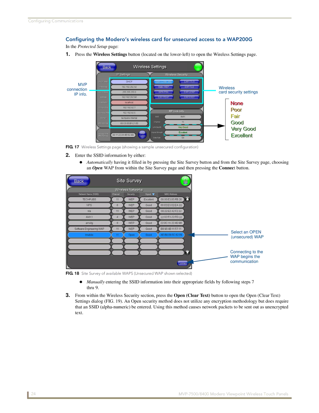 AMX MVP-7500/8400 manual MVP connection IP info Wireless Card security settings 