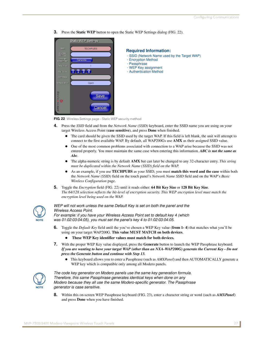 AMX MVP-7500/8400 manual Wireless Settings page Static WEP security method 