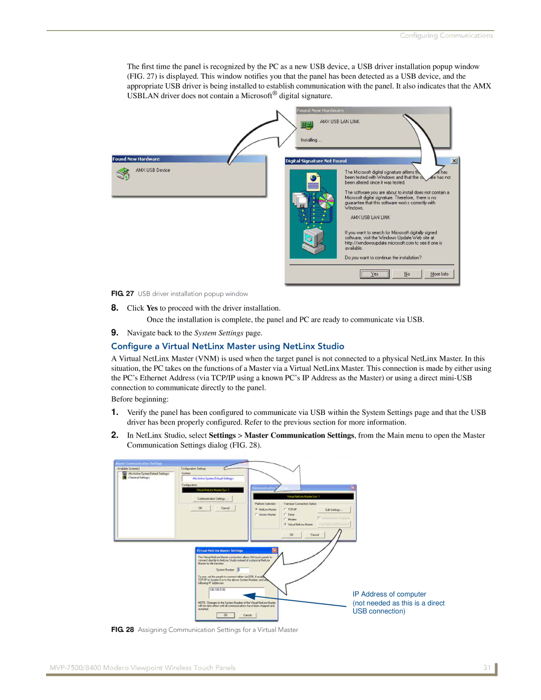 AMX MVP-7500/8400 manual Configure a Virtual NetLinx Master using NetLinx Studio, USB driver installation popup window 