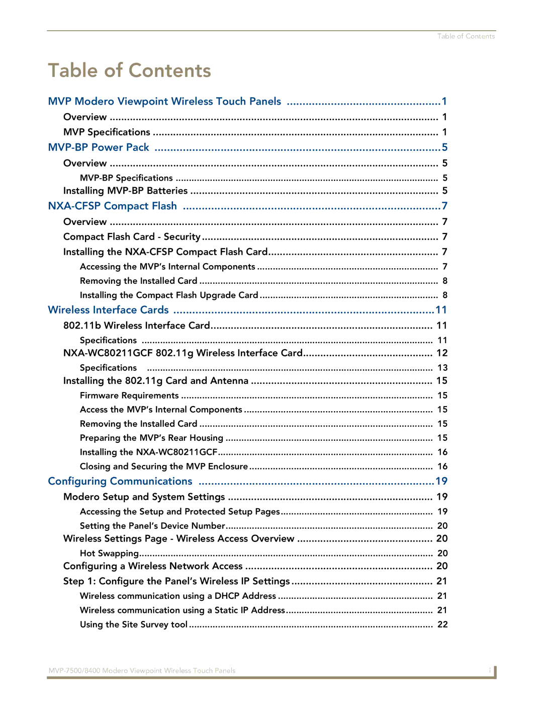 AMX MVP-7500/8400 manual Table of Contents 