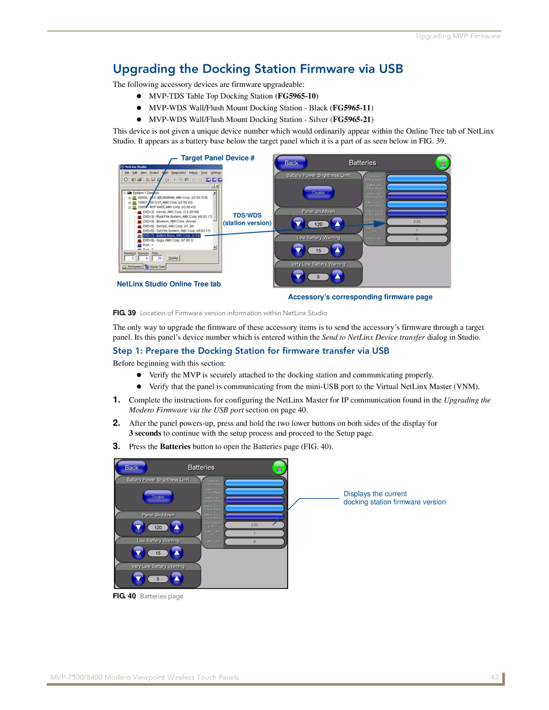 AMX MVP-7500/8400 manual Upgrading the Docking Station Firmware via USB 