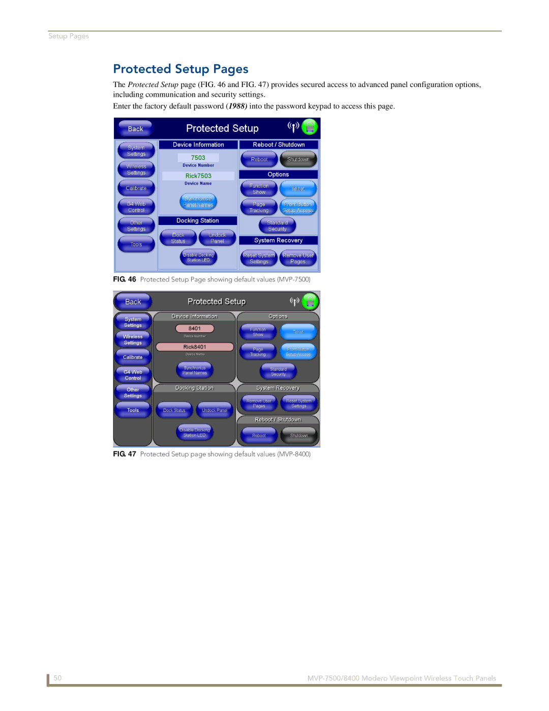 AMX MVP-7500/8400 manual Protected Setup Pages, Protected Setup Page showing default values MVP-7500 