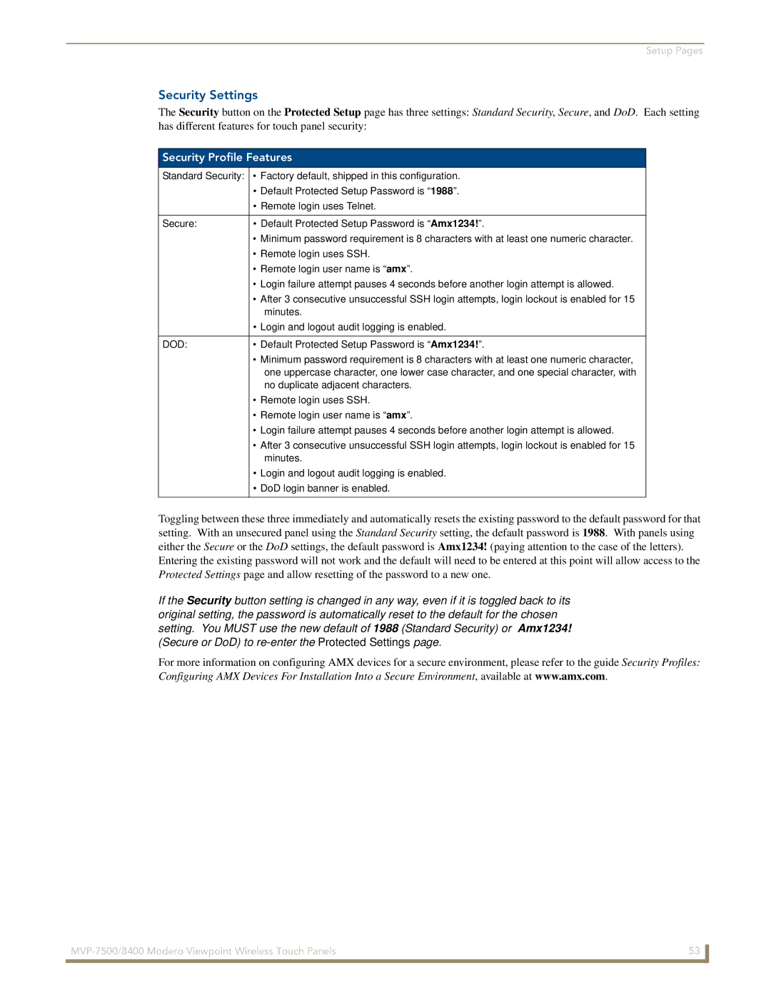 AMX MVP-7500/8400 manual Security Settings, Security Profile Features 