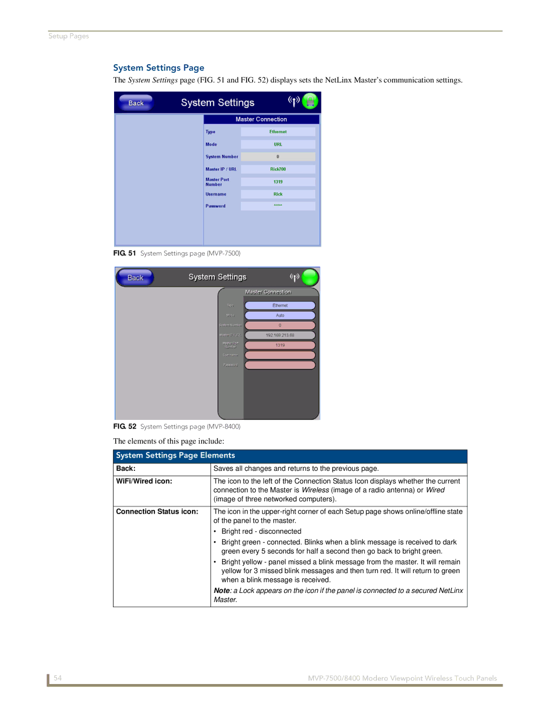 AMX MVP-7500/8400 manual System Settings Page Elements 