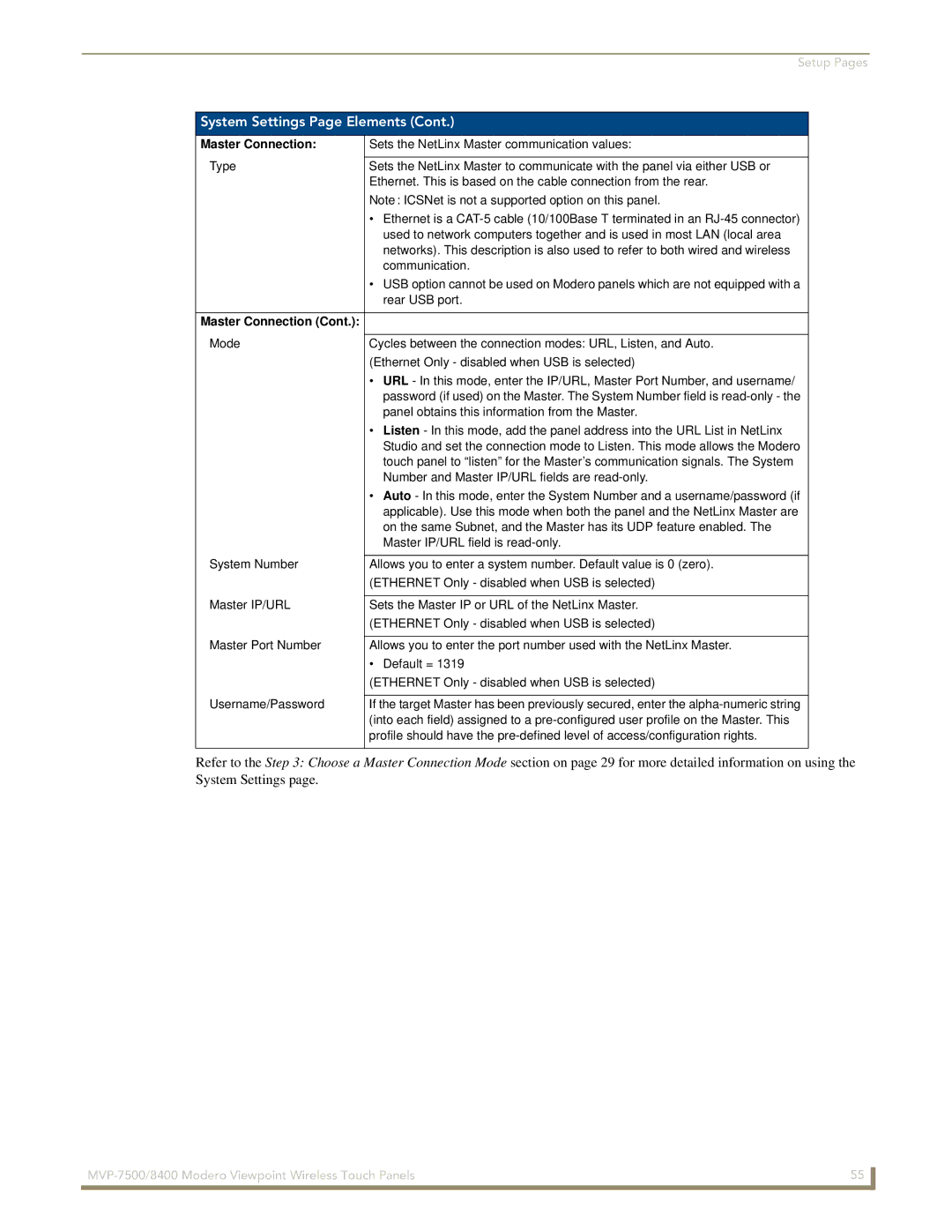 AMX MVP-7500/8400 manual Master Connection, Ethernet Only disabled when USB is selected 