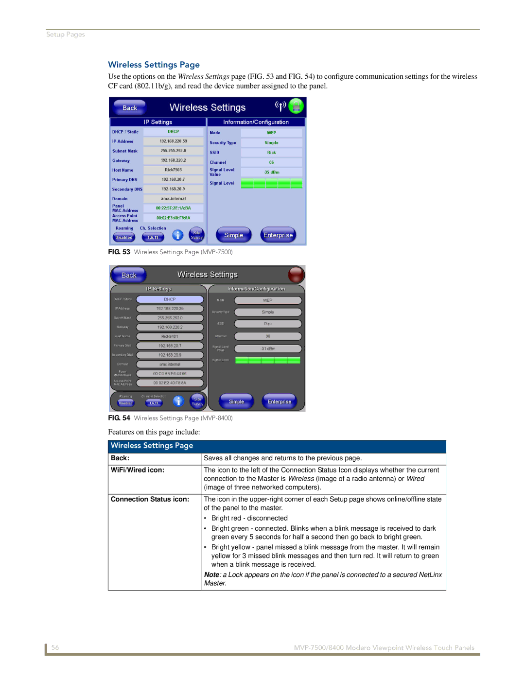 AMX MVP-7500/8400 manual Wireless Settings 