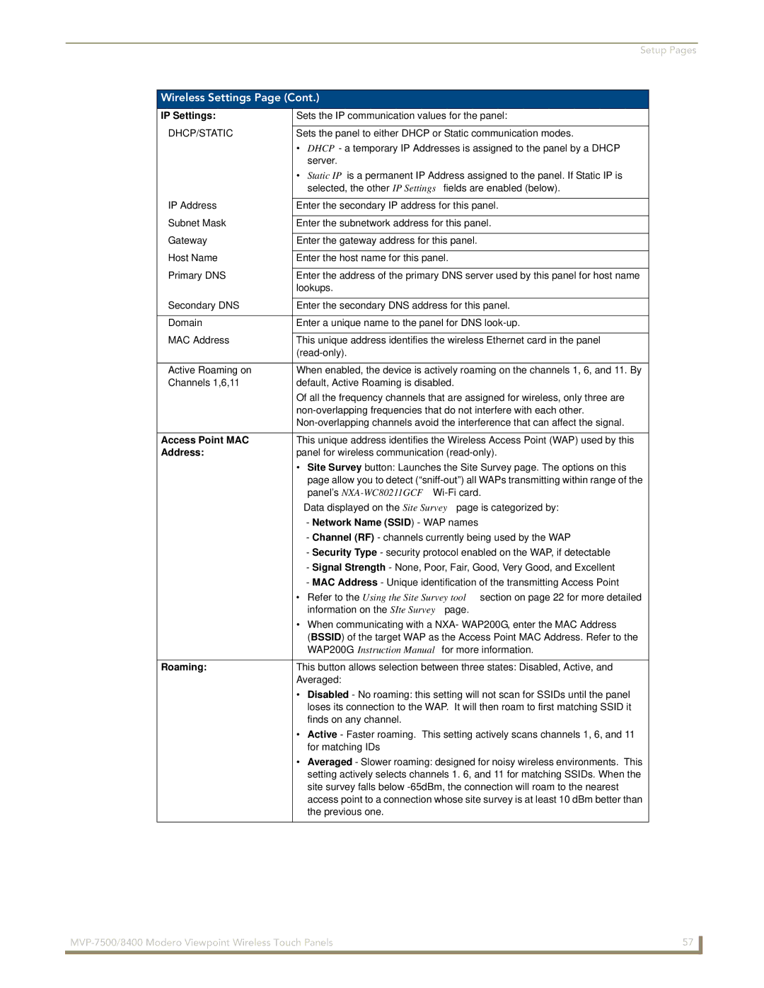 AMX MVP-7500/8400 manual IP Settings, Access Point MAC, Address, Network Name Ssid WAP names, Roaming 