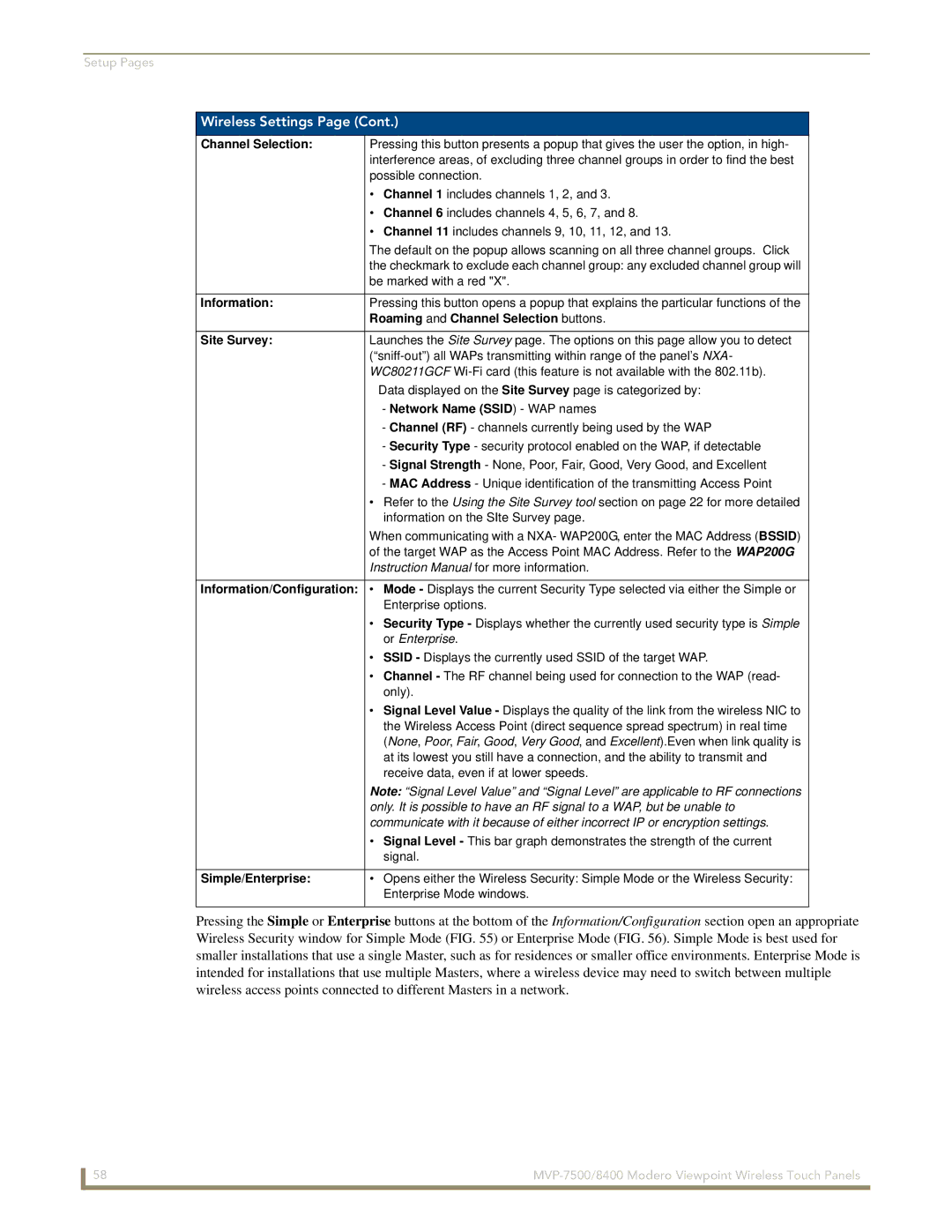 AMX MVP-7500/8400 manual Information, Roaming and Channel Selection buttons, Site Survey, Simple/Enterprise 