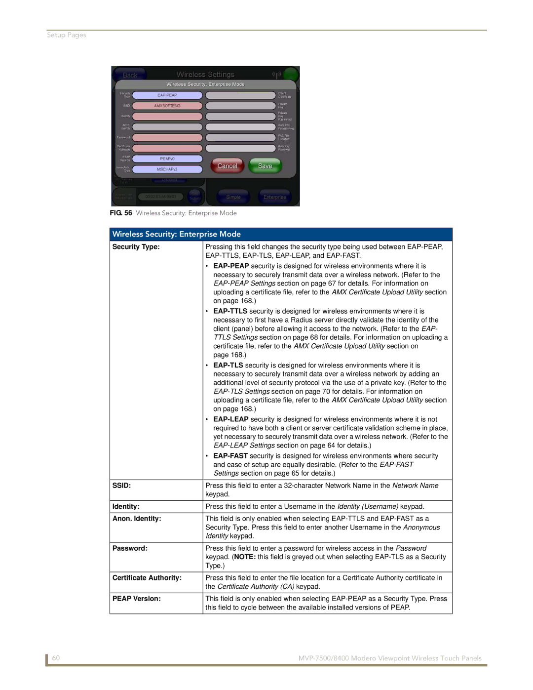 AMX MVP-7500/8400 manual Wireless Security Enterprise Mode, Anon. Identity, Certificate Authority, Peap Version 