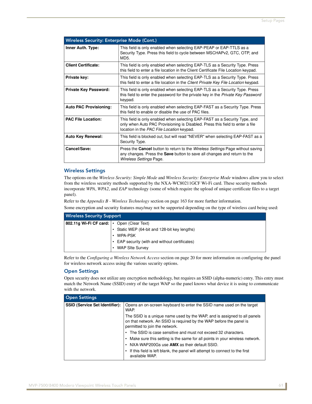 AMX MVP-7500/8400 manual Open Settings, Wireless Security Support 