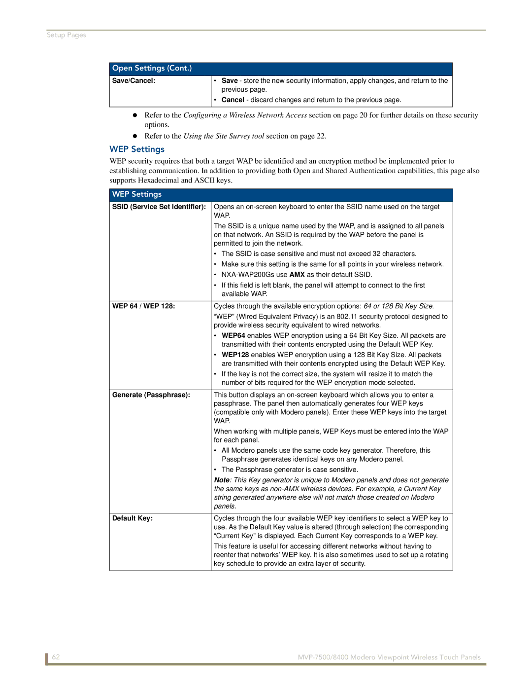 AMX MVP-7500/8400 manual WEP Settings, Save/Cancel, WEP 64 / WEP, Generate Passphrase 