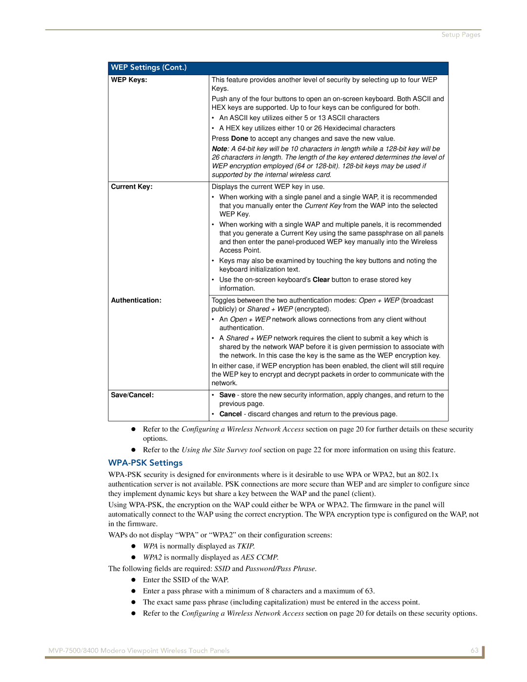 AMX MVP-7500/8400 manual WPA-PSK Settings, WEP Keys 