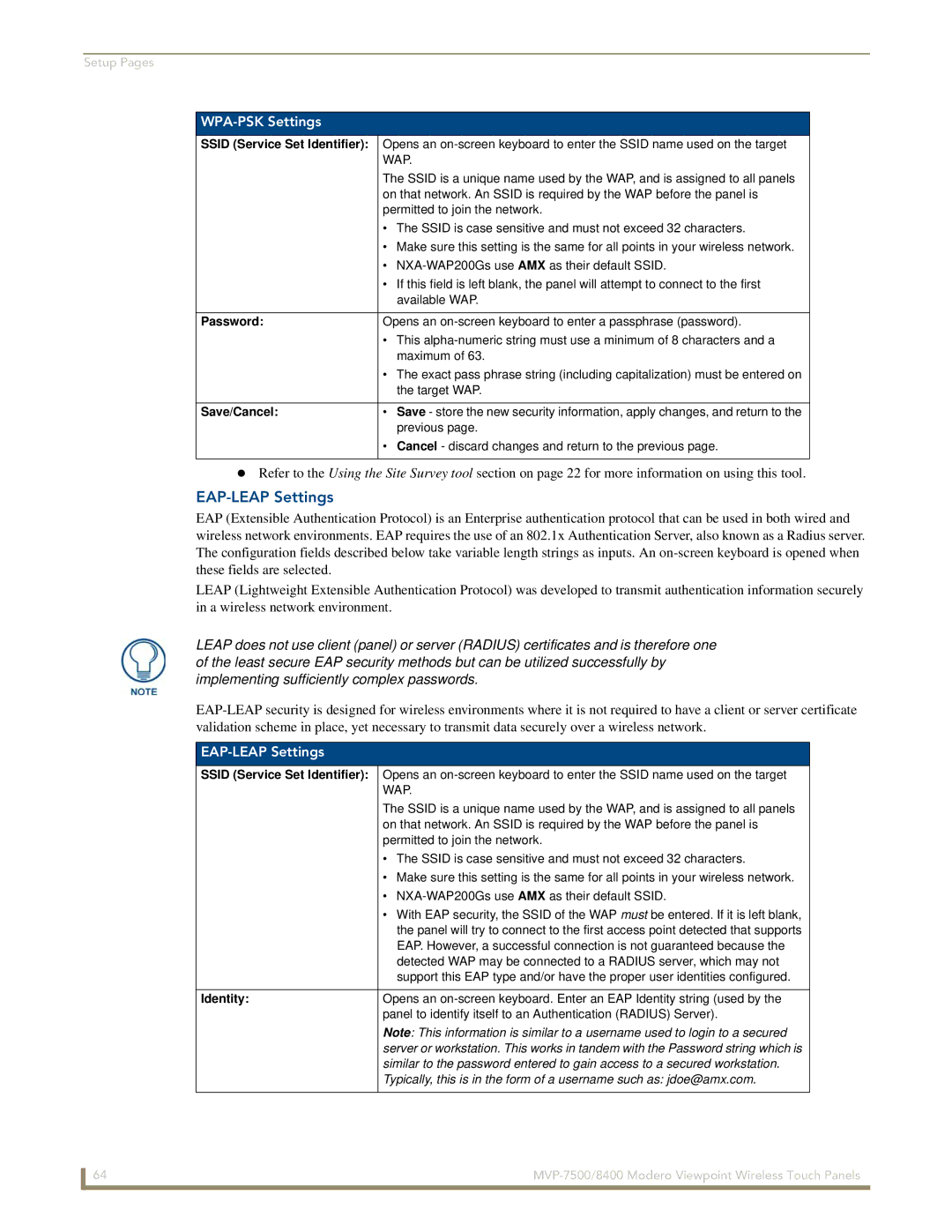 AMX MVP-7500/8400 manual EAP-LEAP Settings, WPA-PSK Settings 