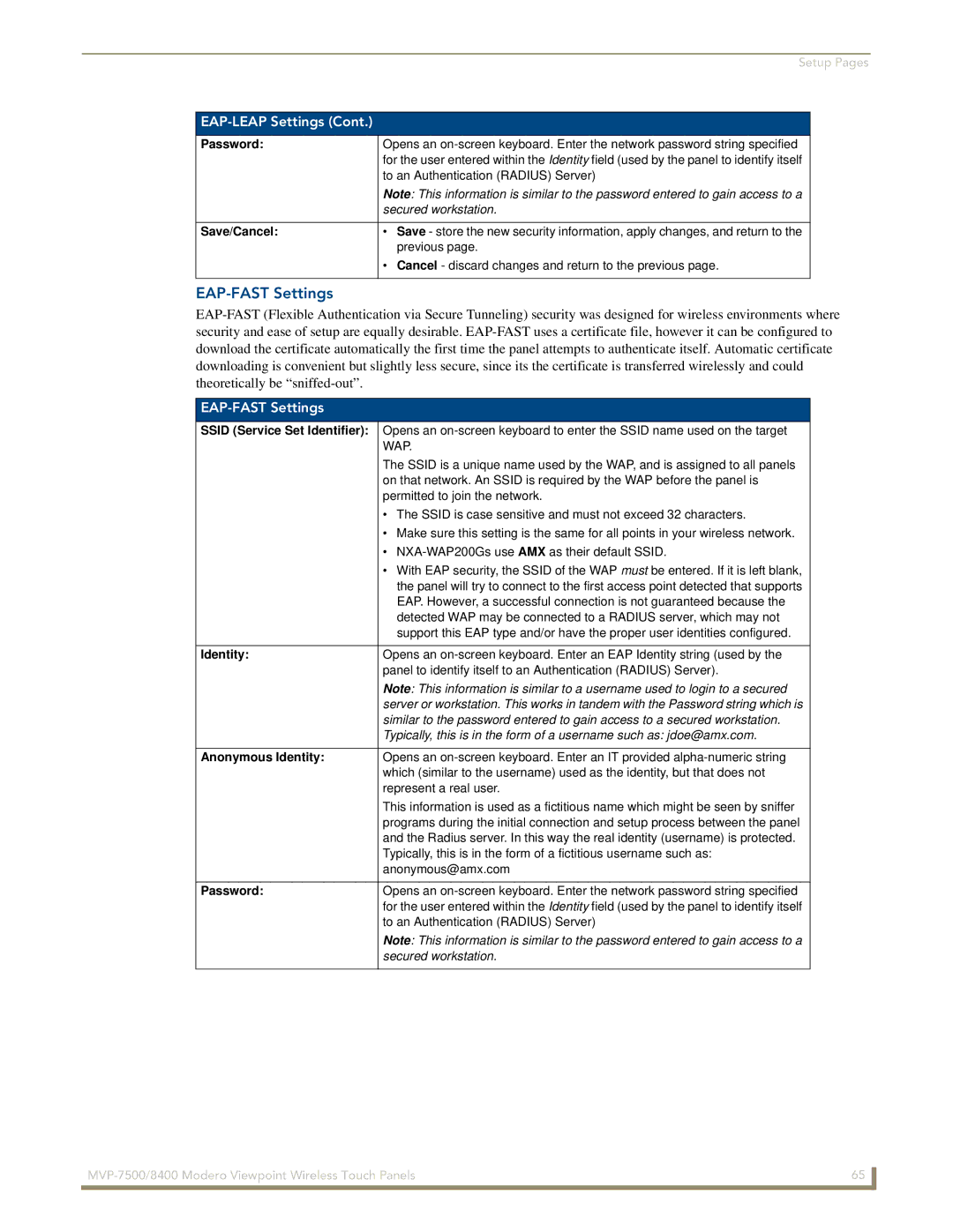 AMX MVP-7500/8400 manual EAP-FAST Settings, Anonymous Identity 