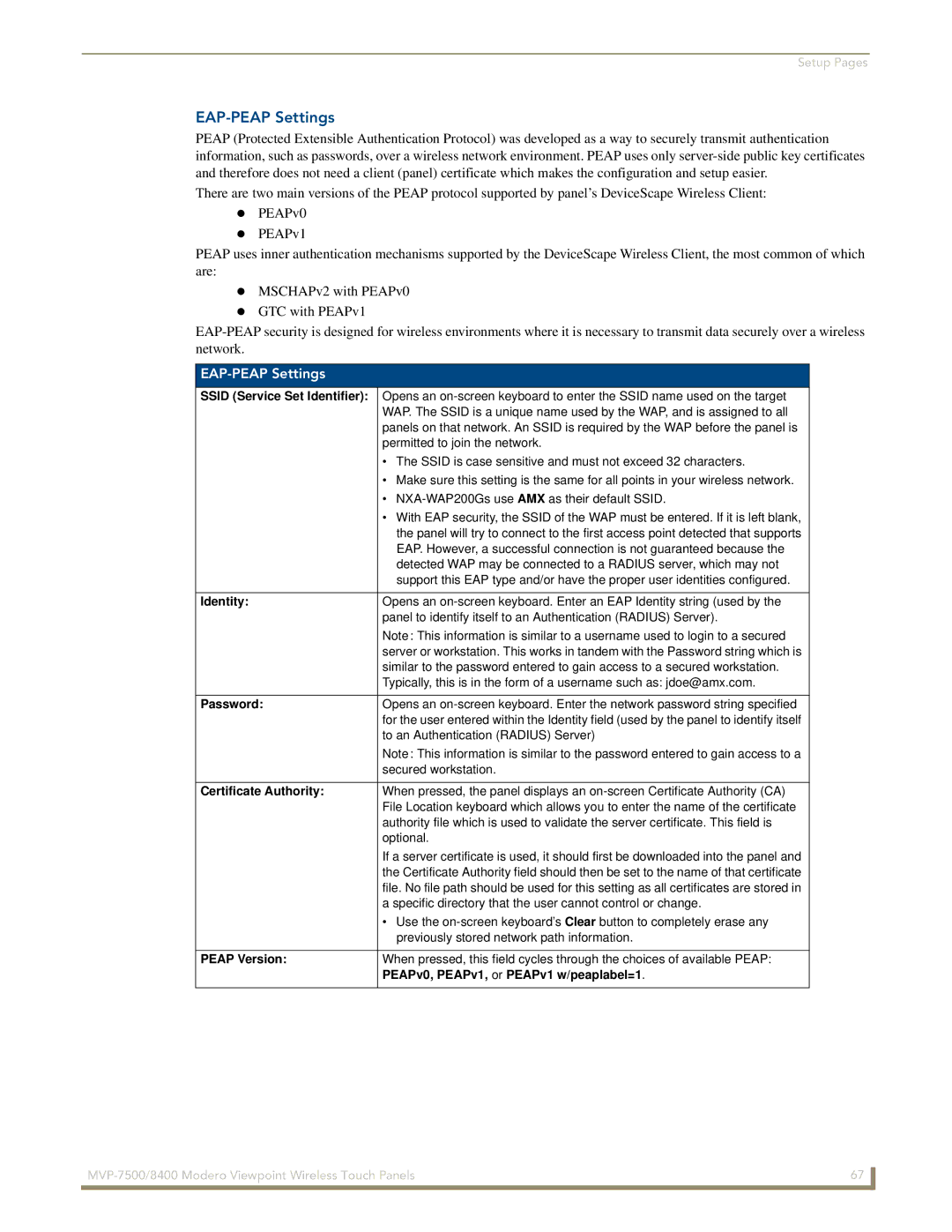 AMX MVP-7500/8400 manual EAP-PEAP Settings, PEAPv0, PEAPv1, or PEAPv1 w/peaplabel=1 