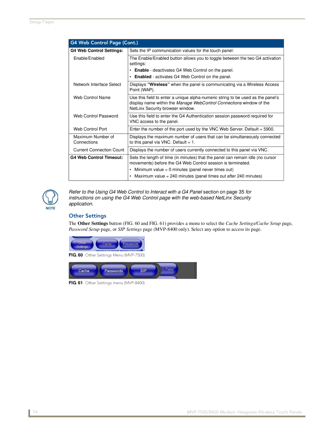 AMX MVP-7500/8400 manual Other Settings, G4 Web Control Settings, G4 Web Control Timeout 