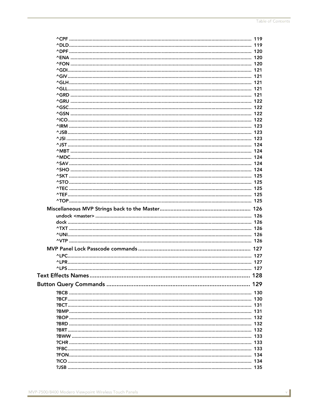 AMX MVP-7500/8400 manual Text Effects Names 128 Button Query Commands 129 