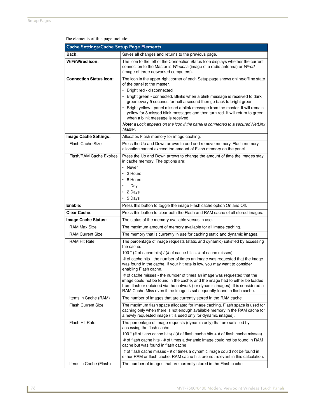 AMX MVP-7500/8400 Cache Settings/Cache Setup Page Elements, Image Cache Settings, Enable, Clear Cache, Image Cache Status 