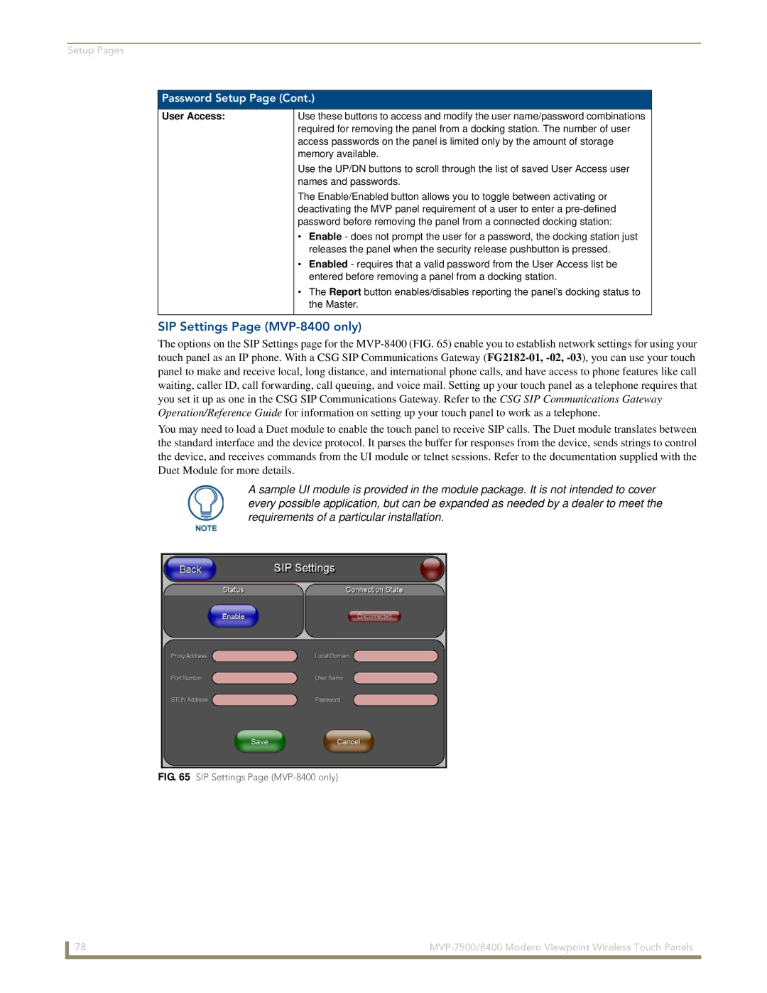 AMX MVP-7500/8400 manual SIP Settings Page MVP-8400 only, User Access 