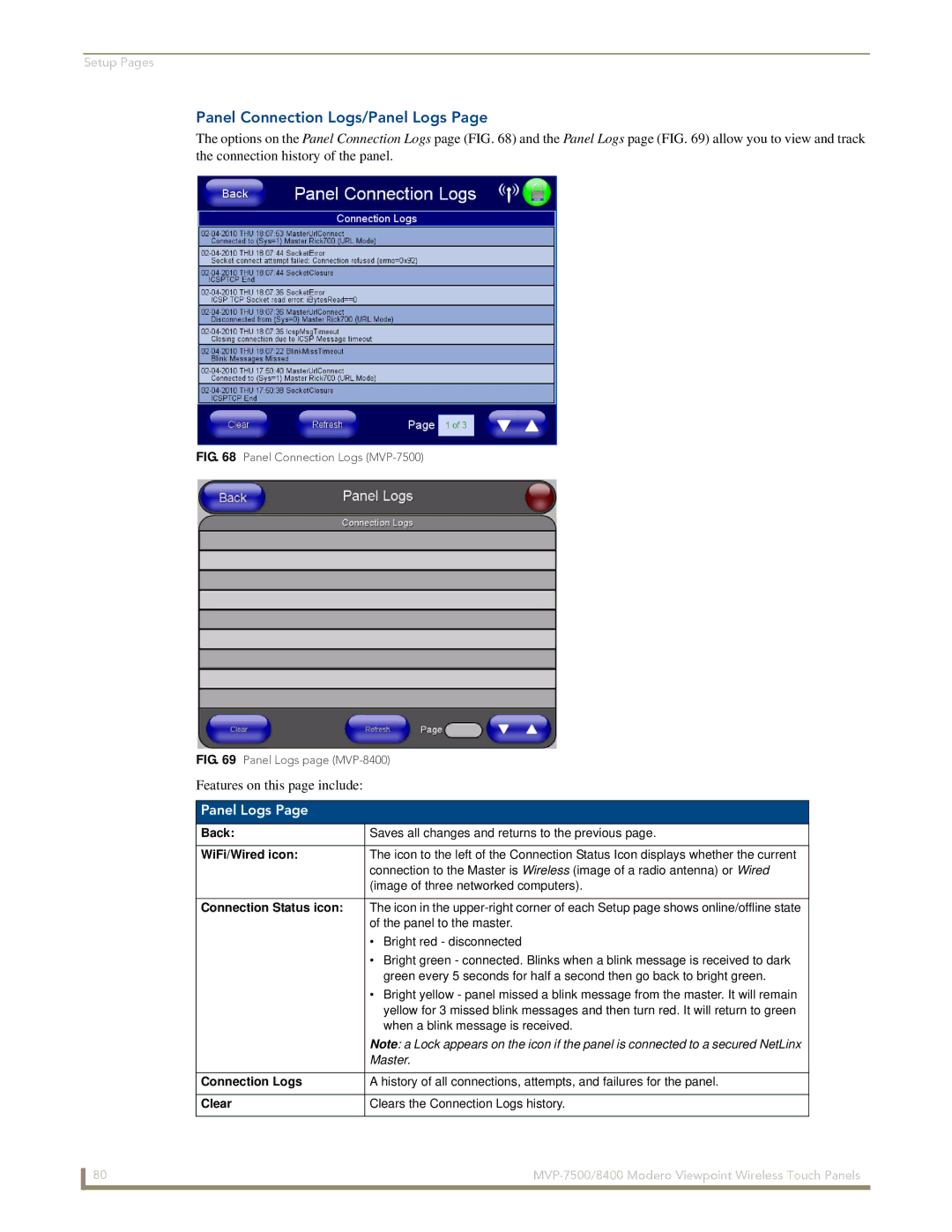 AMX MVP-7500/8400 manual Panel Connection Logs/Panel Logs, Clear 