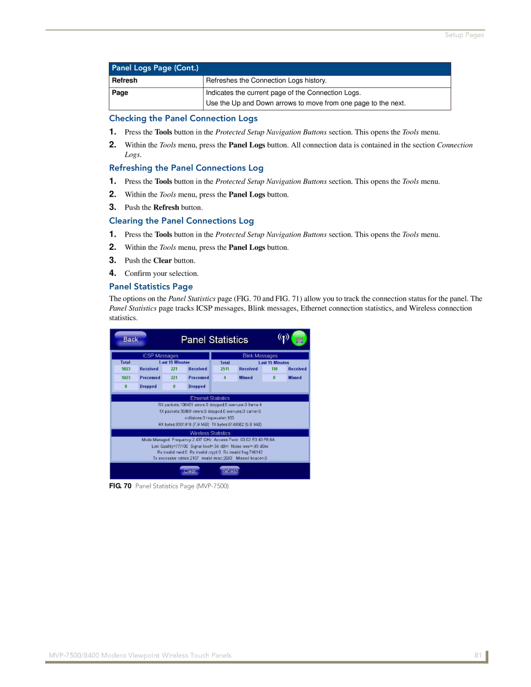 AMX MVP-7500/8400 manual Checking the Panel Connection Logs, Refreshing the Panel Connections Log, Panel Statistics 