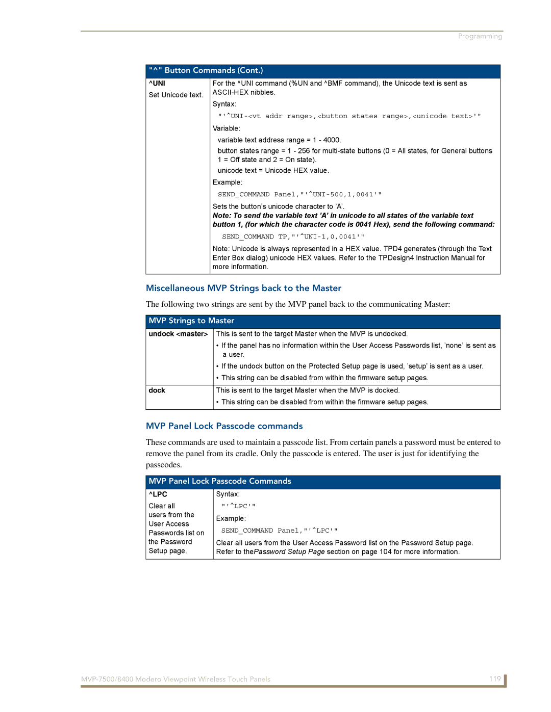 AMX MVP-8400 manual Miscellaneous MVP Strings back to the Master, MVP Panel Lock Passcode commands, MVP Strings to Master 
