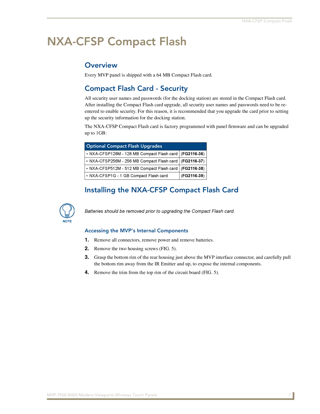 AMX MVP-8400 manual Compact Flash Card Security, Installing the NXA-CFSP Compact Flash Card 