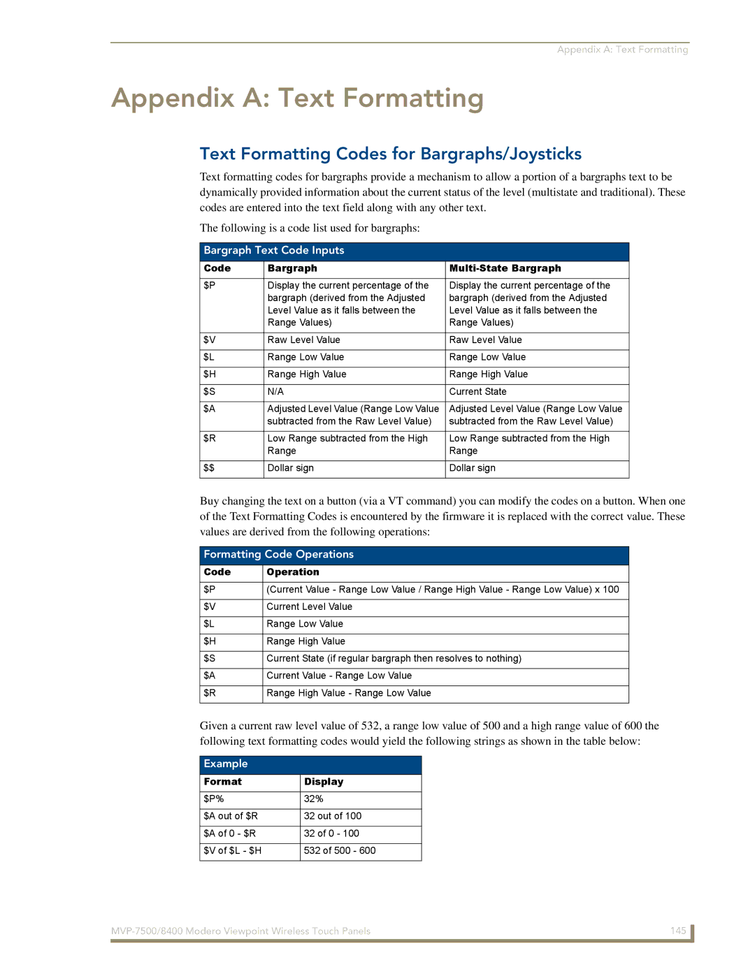 AMX MVP-8400 Appendix a Text Formatting, Text Formatting Codes for Bargraphs/Joysticks, Bargraph Text Code Inputs, Example 