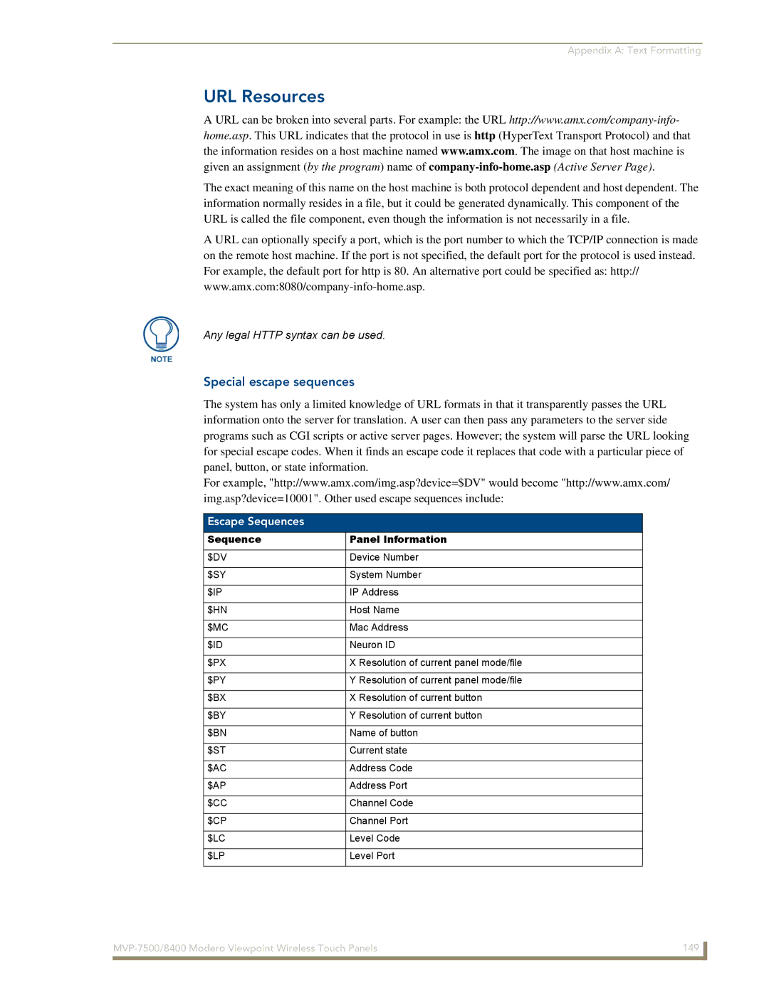 AMX MVP-8400 manual URL Resources, Special escape sequences, Escape Sequences, Sequence Panel Information 