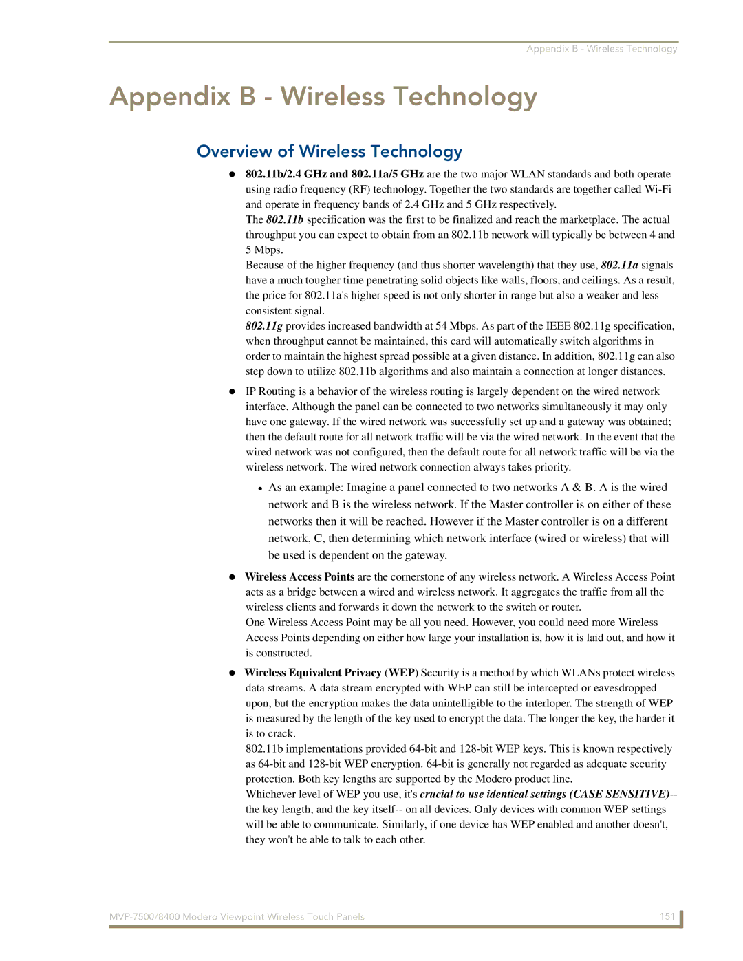 AMX MVP-8400 manual Appendix B Wireless Technology, Overview of Wireless Technology 