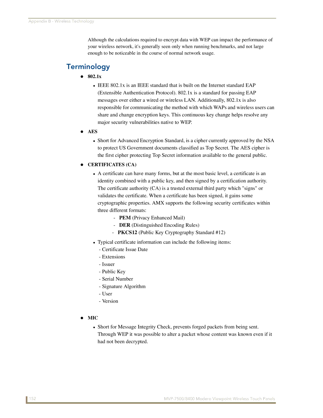 AMX MVP-8400 manual Terminology, 802.1x 