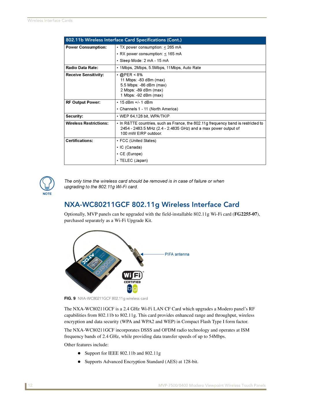 AMX MVP-8400 manual NXA-WC80211GCF 802.11g Wireless Interface Card 