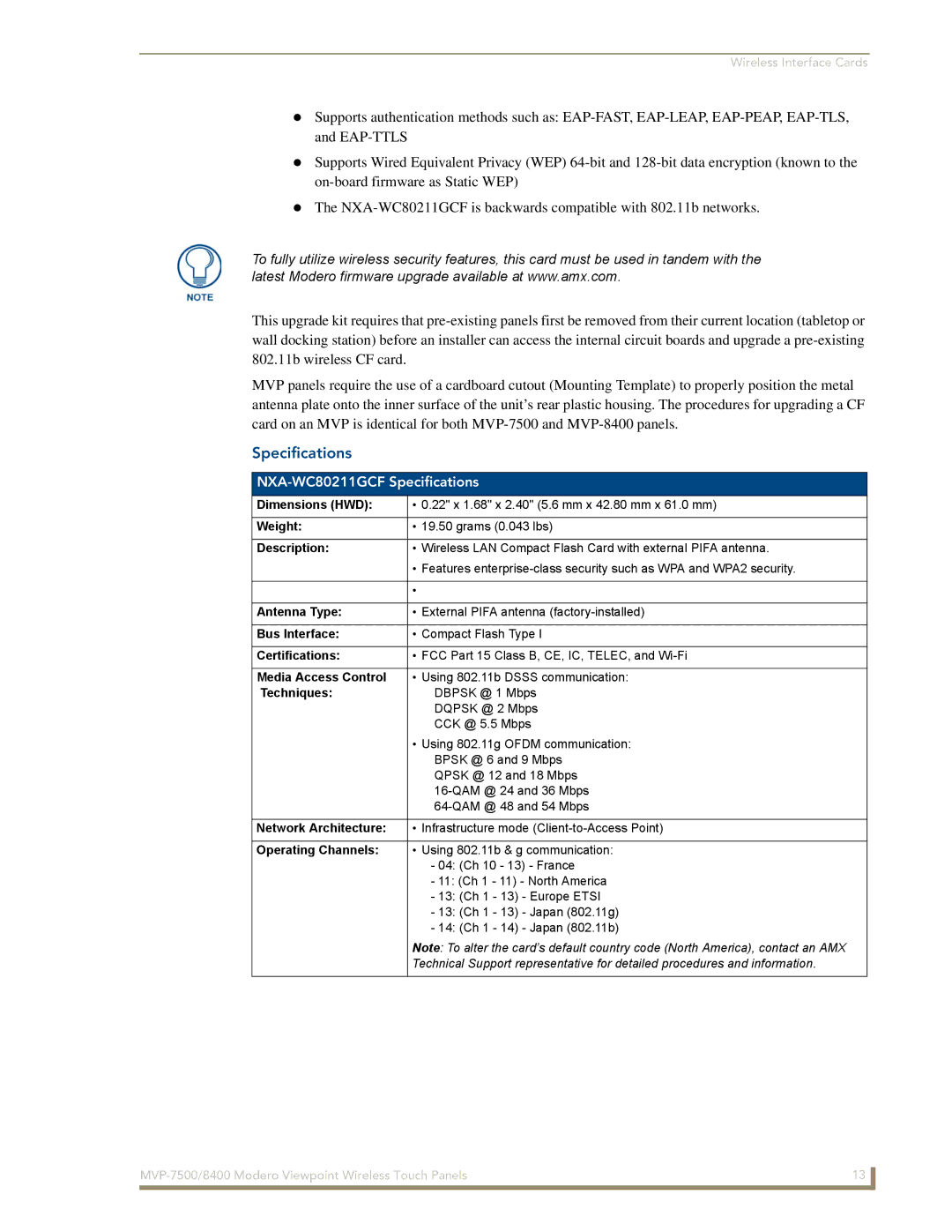 AMX MVP-8400 manual NXA-WC80211GCF Specifications 