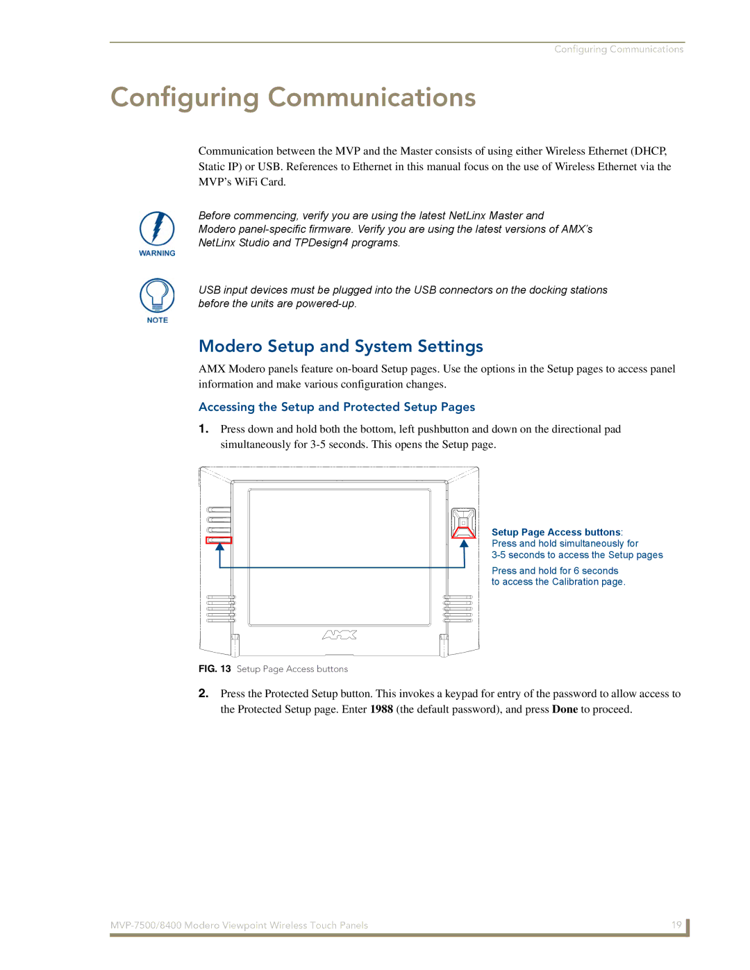 AMX MVP-8400 Configuring Communications, Modero Setup and System Settings, Accessing the Setup and Protected Setup Pages 