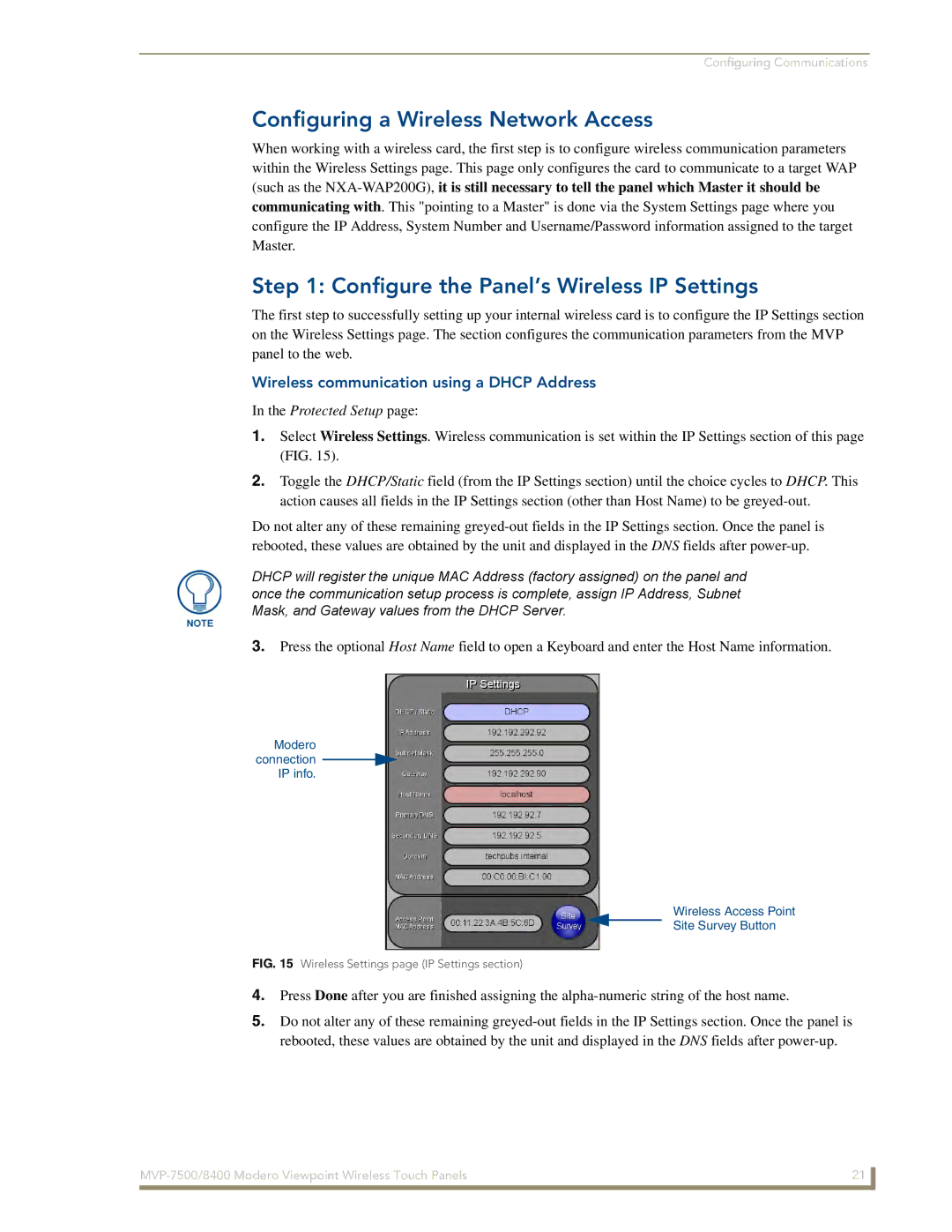 AMX MVP-8400 manual Configuring a Wireless Network Access, Configure the Panel’s Wireless IP Settings 