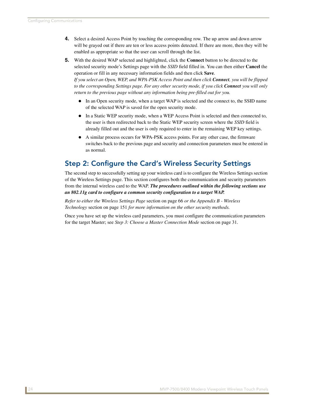 AMX MVP-8400 manual Configure the Card’s Wireless Security Settings 