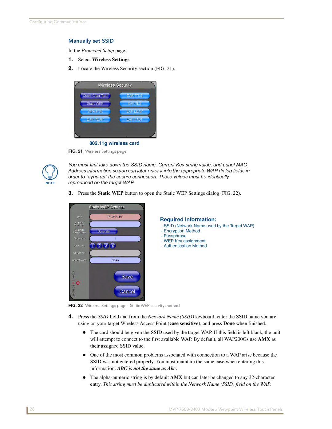 AMX MVP-8400 manual Manually set Ssid, Locate the Wireless Security section FIG 