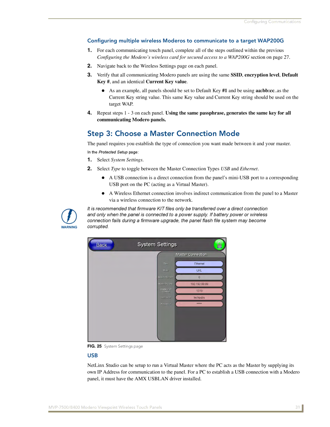 AMX MVP-8400 manual Choose a Master Connection Mode, Select System Settings 