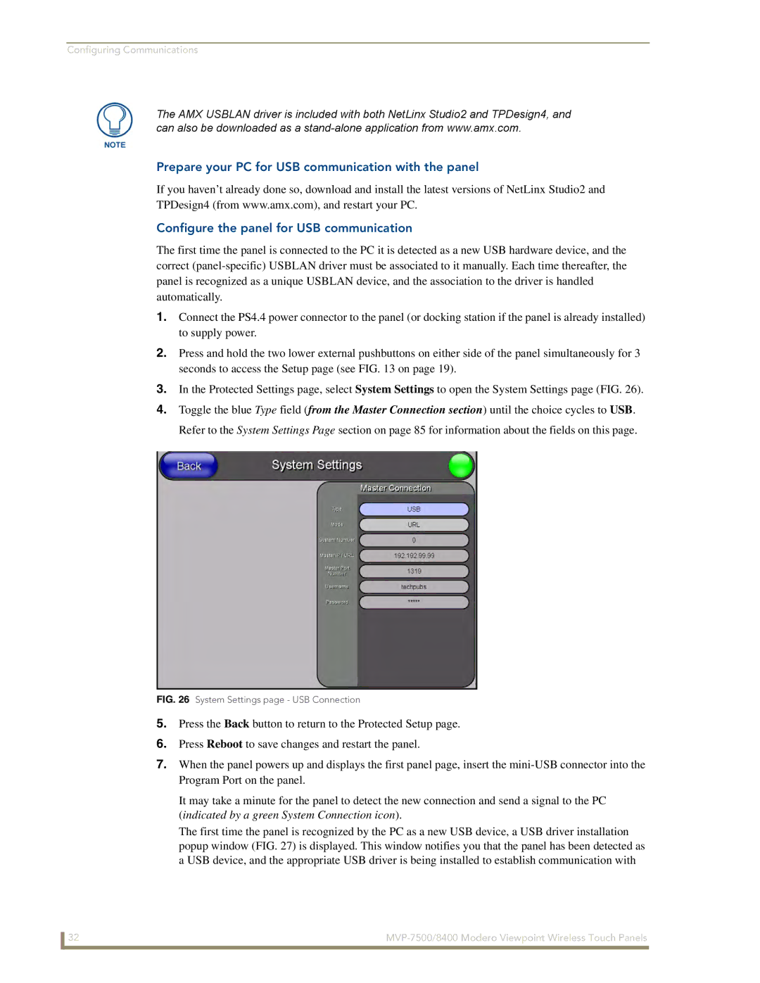 AMX MVP-8400 manual System Settings page USB Connection 